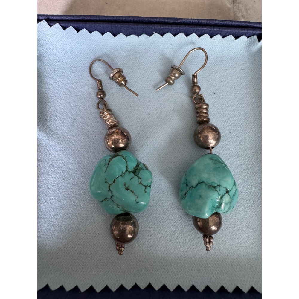 Vintage Turquoise Raw Stone Drop Earrings Silver Tone Boho Southwestern Dangle